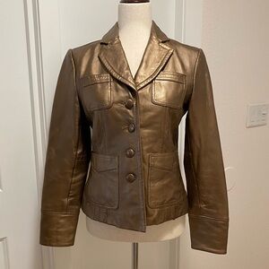 INC International Concepts 100% Leather Metallic Bronze Jacket Coat Blazer Gold
